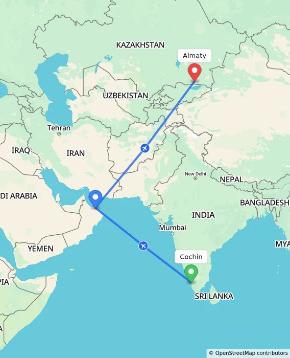 Route map showing distance and travel time from Cochin, India to Almaty, Kazakhstan