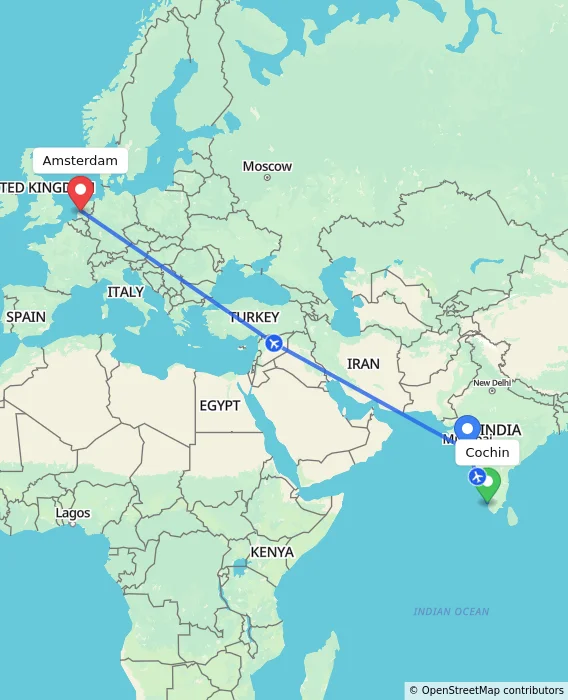 Route map showing distance and travel time from Cochin, India to Amsterdam, Netherlands