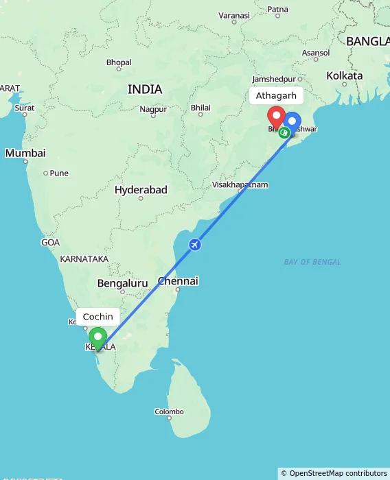 Route map showing distance and travel time from Cochin, India to Athagarh, India