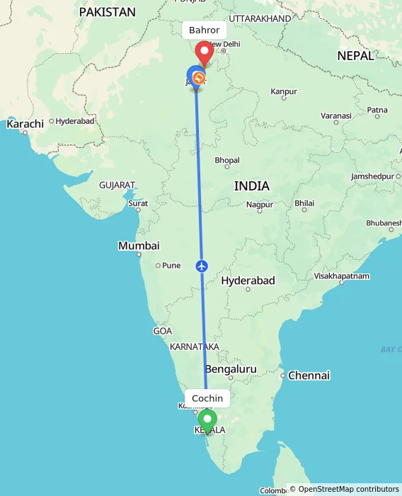 Route map showing distance and travel time from Cochin, India to Bahror, India