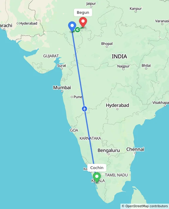 Route map showing distance and travel time from Cochin, India to Begun, India