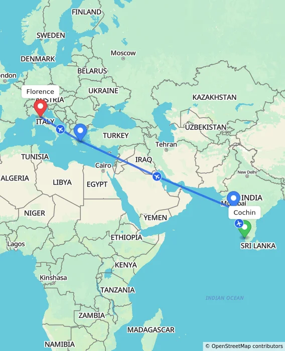 Route map showing distance and travel time from Cochin, India to Florence, Italy