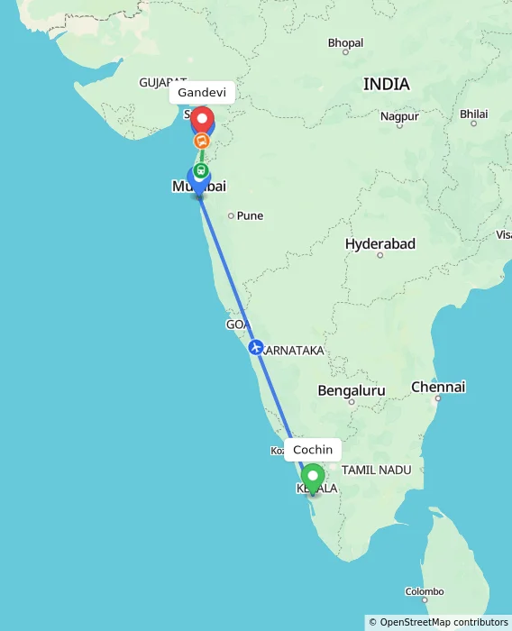 Route map showing distance and travel time from Cochin, India to Gandevi, India