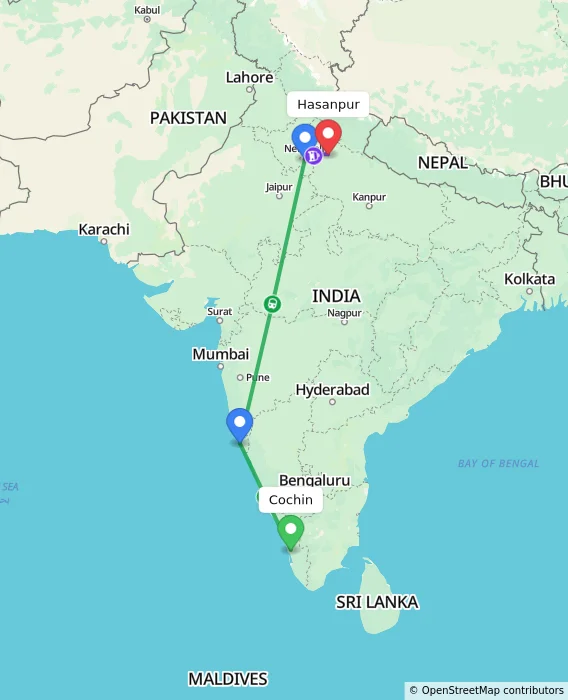 Route map showing distance and travel time from Cochin, India to Hasanpur, India