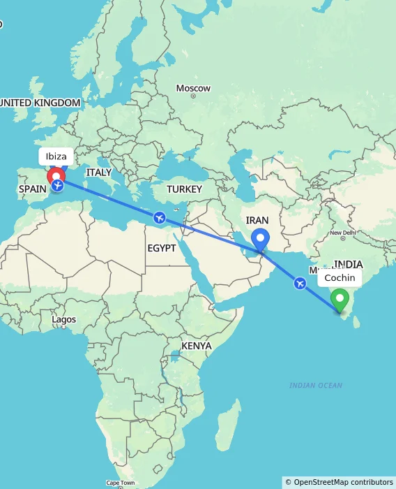 Route map showing distance and travel time from Cochin, India to Ibiza, Spain