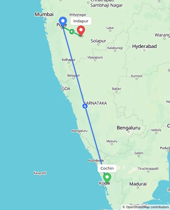 Route map showing distance and travel time from Cochin, India to Indapur, India