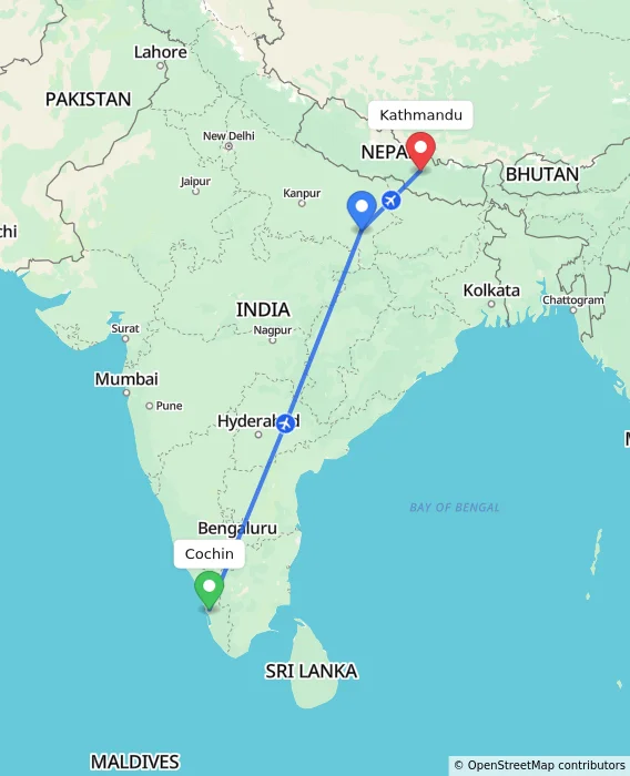 Route map showing distance and travel time from Cochin, India to Kathmandu, Nepal