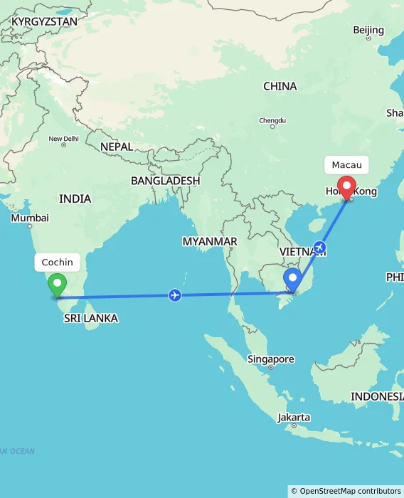 Route map showing distance and travel time from Cochin, India to Macau, Macau (Special Administrative Region of China)