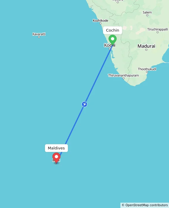 Route map showing distance and travel time from Cochin, India to Maldives, Maldives