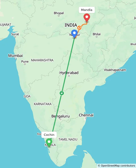 Route map showing distance and travel time from Cochin, India to Mandla, India