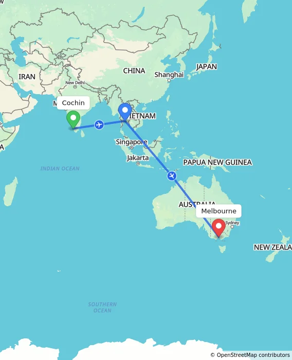 Route map showing distance and travel time from Cochin, India to Melbourne, Australia