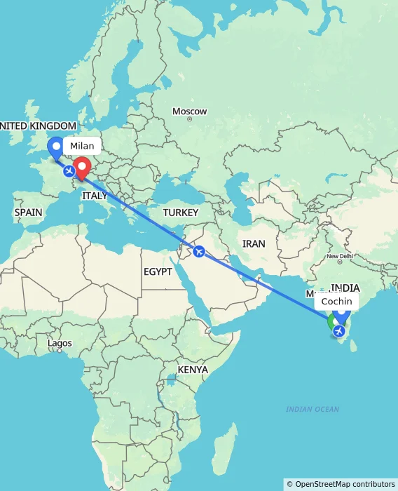 Route map showing distance and travel time from Cochin, India to Milan, Italy