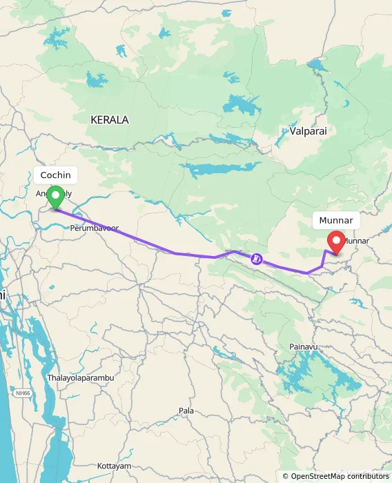 Route map showing distance and travel time from Cochin, India to Munnar, India