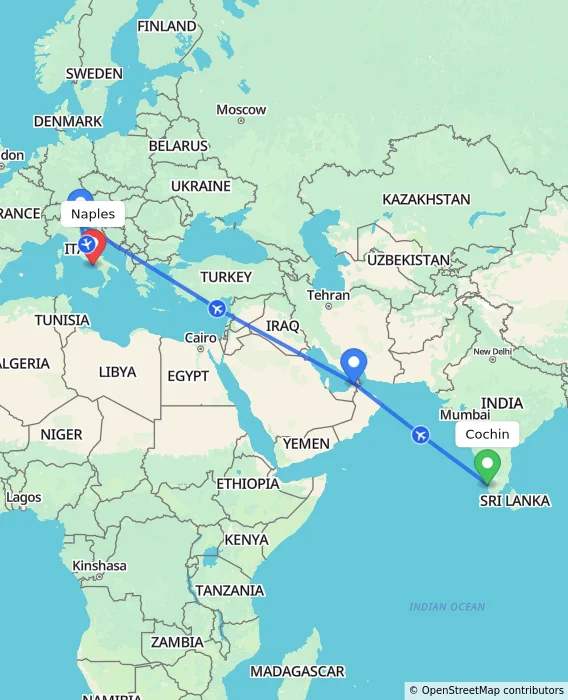 Route map showing distance and travel time from Cochin, India to Naples, Italy
