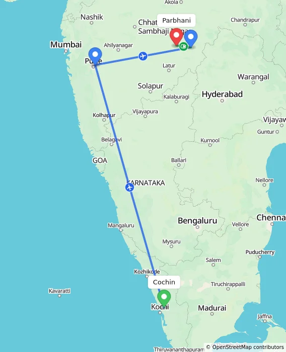 Route map showing distance and travel time from Cochin, India to Parbhani, India