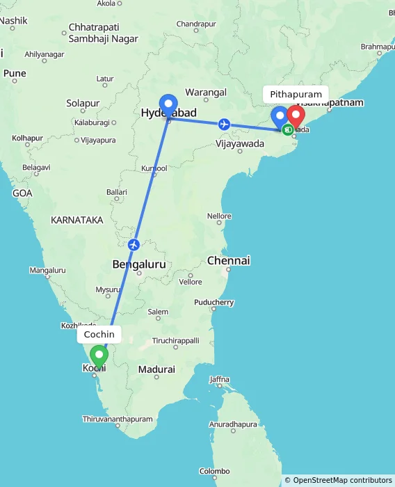 Route map showing distance and travel time from Cochin, India to Pithapuram, India
