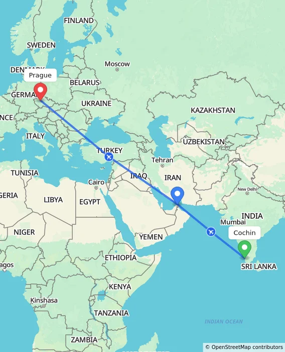 Route map showing distance and travel time from Cochin, India to Prague, Czechia