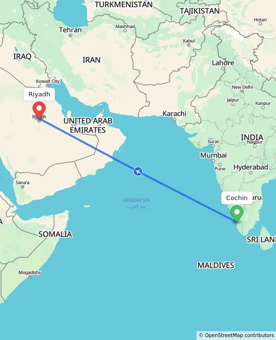 Route map showing distance and travel time from Cochin, India to Riyadh, Saudi Arabia