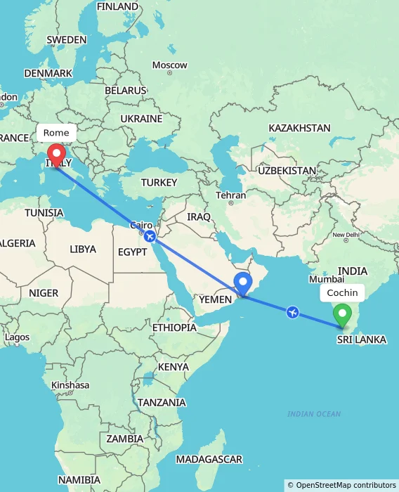 Route map showing distance and travel time from Cochin, India to Rome, Italy