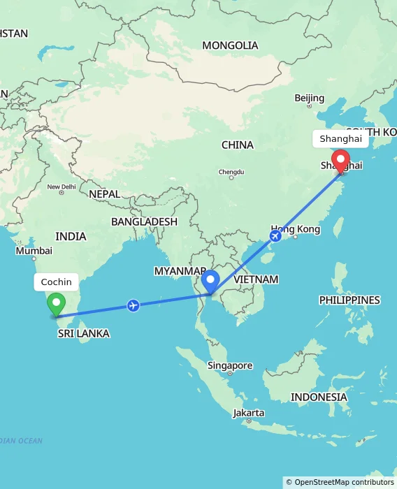Route map showing distance and travel time from Cochin, India to Shanghai, China
