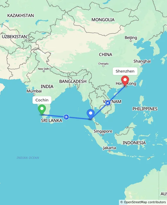 Route map showing distance and travel time from Cochin, India to Shenzhen, China