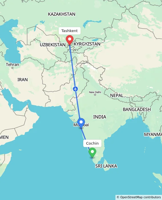 Route map showing distance and travel time from Cochin, India to Tashkent, Uzbekistan