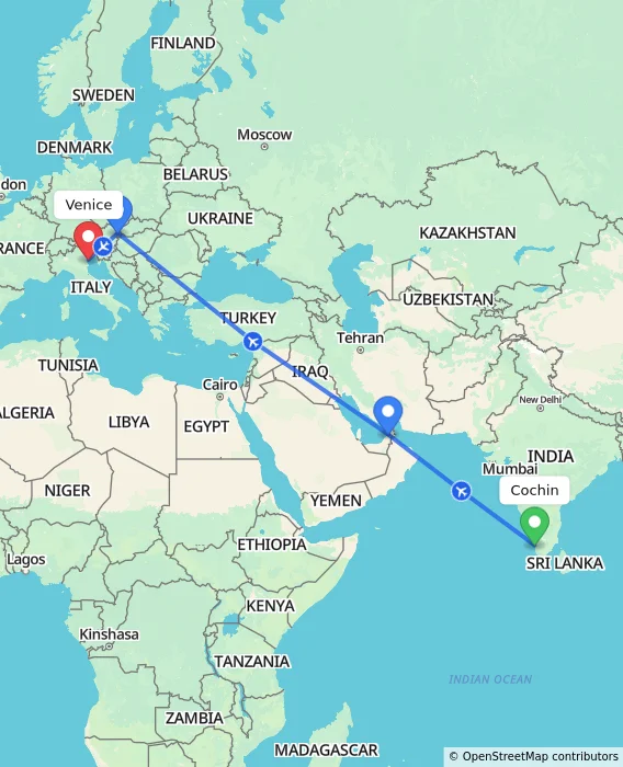 Route map showing distance and travel time from Cochin, India to Venice, Italy