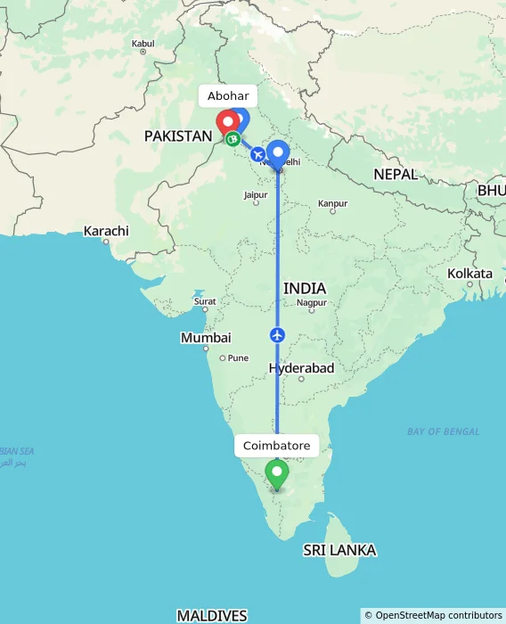 Route map showing distance and travel time from Coimbatore, India to Abohar, India