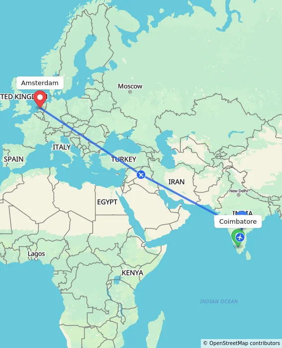 Route map showing distance and travel time from Coimbatore, India to Amsterdam, Netherlands