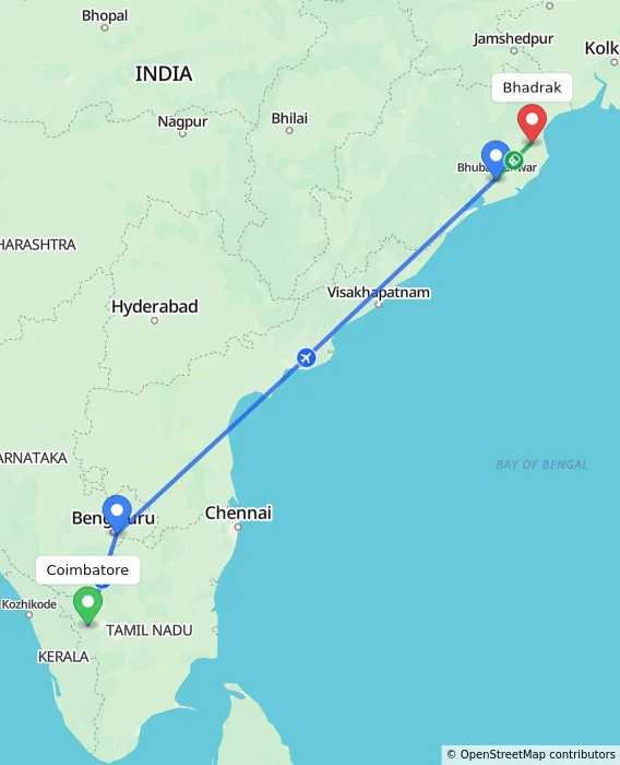 Route map showing distance and travel time from Coimbatore, India to Bhadrak, India