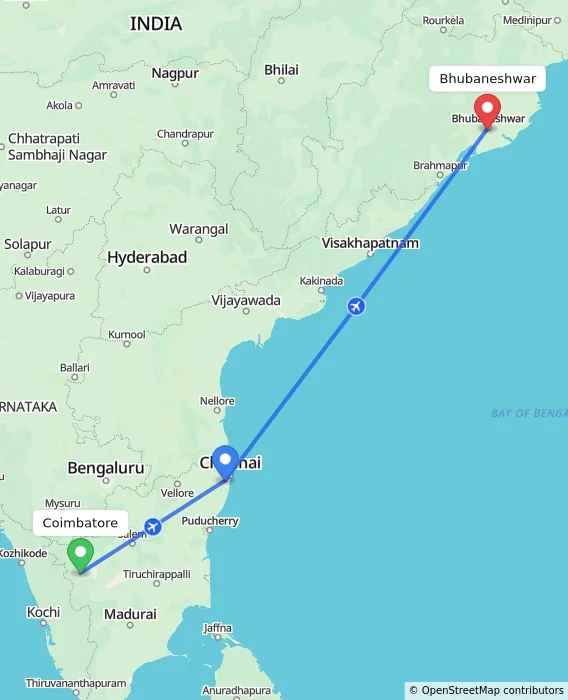 Route map showing distance and travel time from Coimbatore, India to Bhubaneshwar, India
