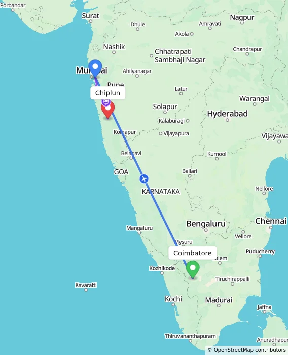 Route map showing distance and travel time from Coimbatore, India to Chiplun, India