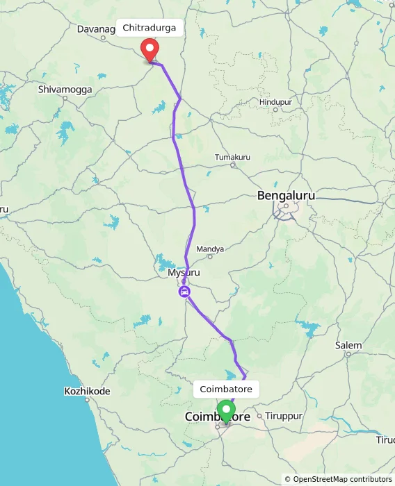Route map showing distance and travel time from Coimbatore, India to Chitradurga, India