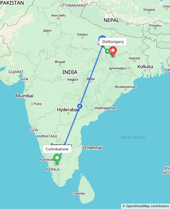 Route map showing distance and travel time from Coimbatore, India to Daltonganj, India
