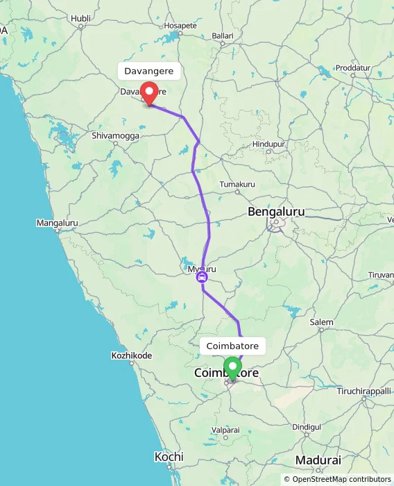 Route map showing distance and travel time from Coimbatore, India to Davangere, India