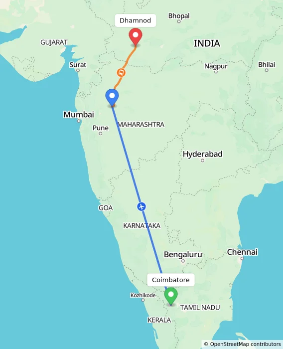 Route map showing distance and travel time from Coimbatore, India to Dhamnod, India