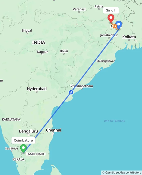 Route map showing distance and travel time from Coimbatore, India to Giridih, India