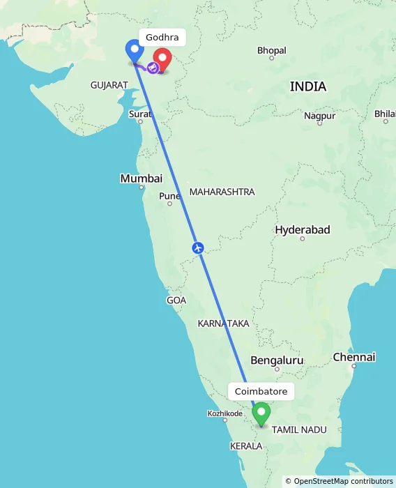 Route map showing distance and travel time from Coimbatore, India to Godhra, India