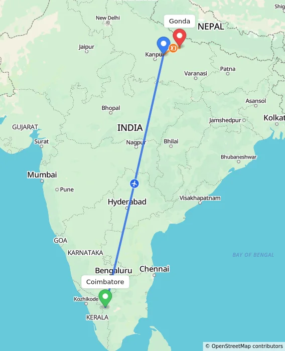 Route map showing distance and travel time from Coimbatore, India to Gonda, India