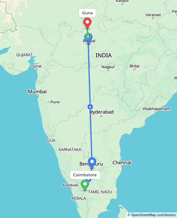 Route map showing distance and travel time from Coimbatore, India to Guna, India