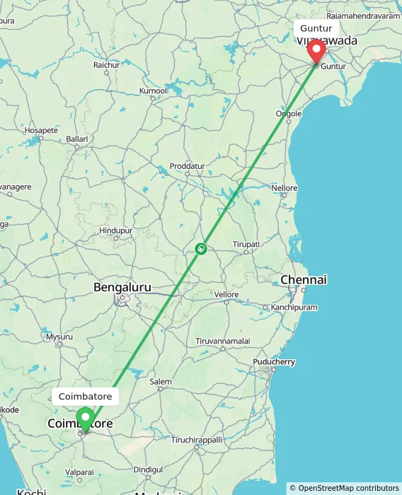 Route map showing distance and travel time from Coimbatore, India to Guntur, India