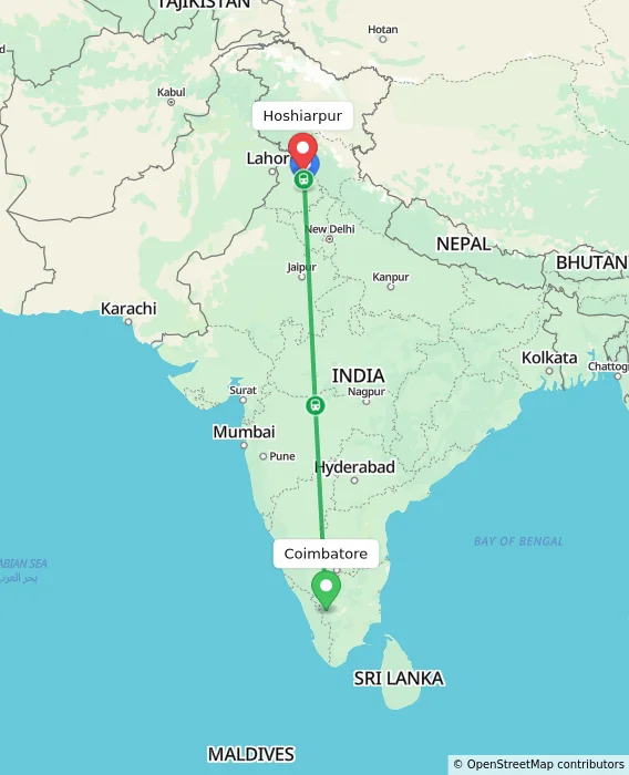 Route map showing distance and travel time from Coimbatore, India to Hoshiarpur, India