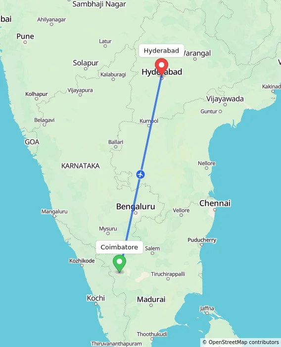 Route map showing distance and travel time from Coimbatore, India to Hyderabad, India