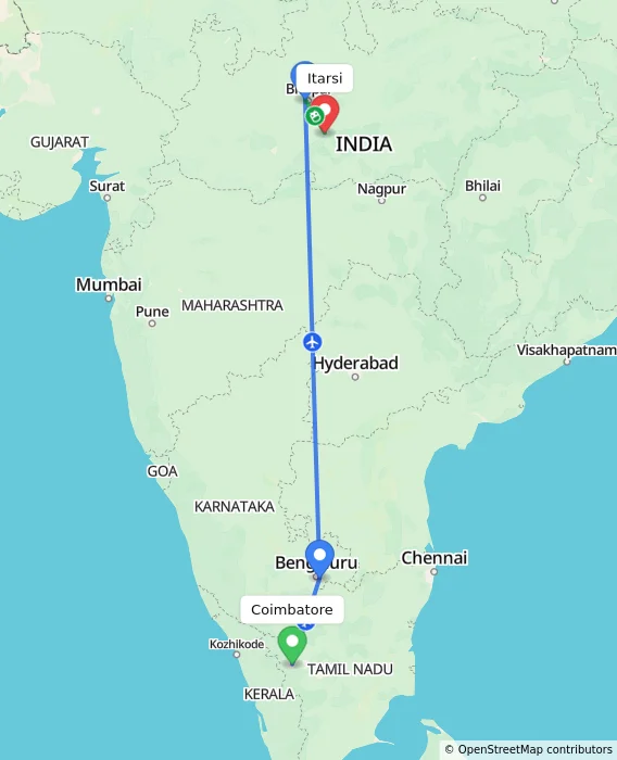 Route map showing distance and travel time from Coimbatore, India to Itarsi, India