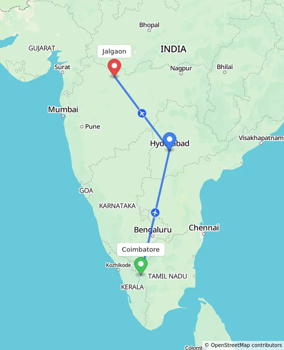 Route map showing distance and travel time from Coimbatore, India to Jalgaon, India