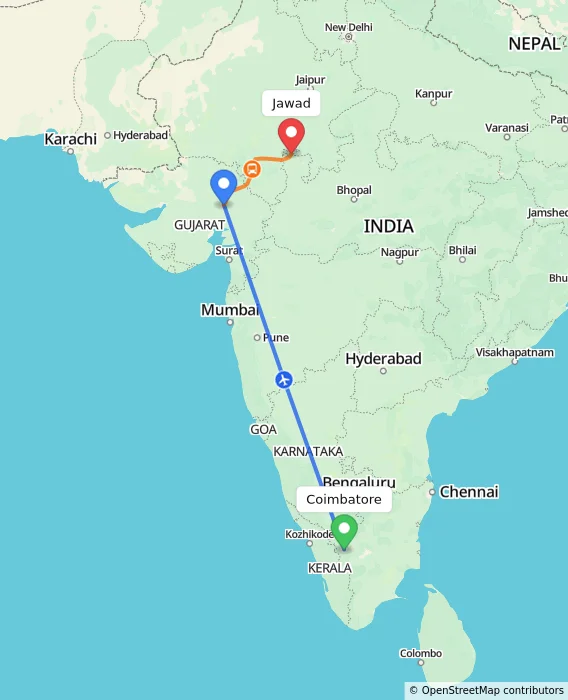 Route map showing distance and travel time from Coimbatore, India to Jawad, India