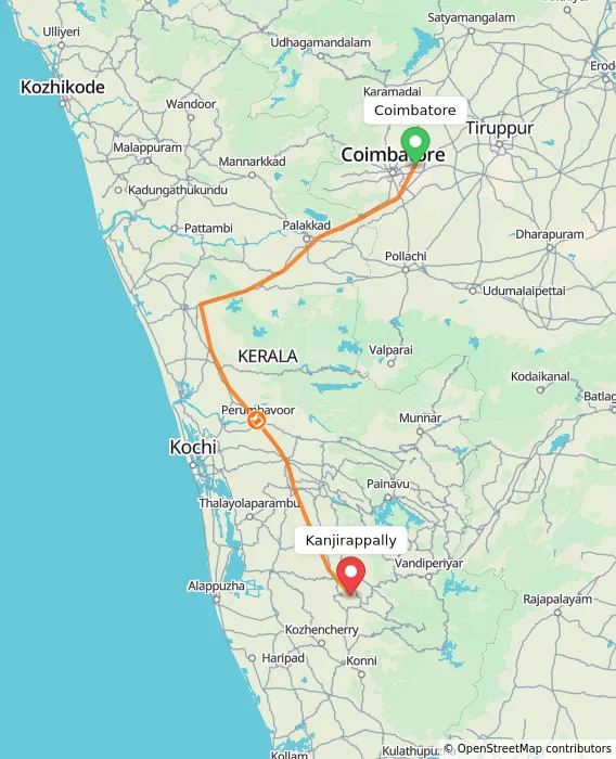 Route map showing distance and travel time from Coimbatore, India to Kanjirappally, India