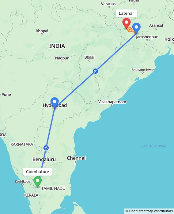 Route map showing distance and travel time from Coimbatore, India to Latehar, India