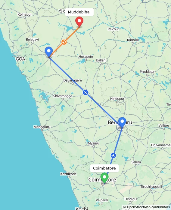 Route map showing distance and travel time from Coimbatore, India to Muddebihal, India
