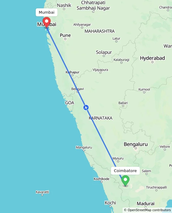 Route map showing distance and travel time from Coimbatore, India to Mumbai, India